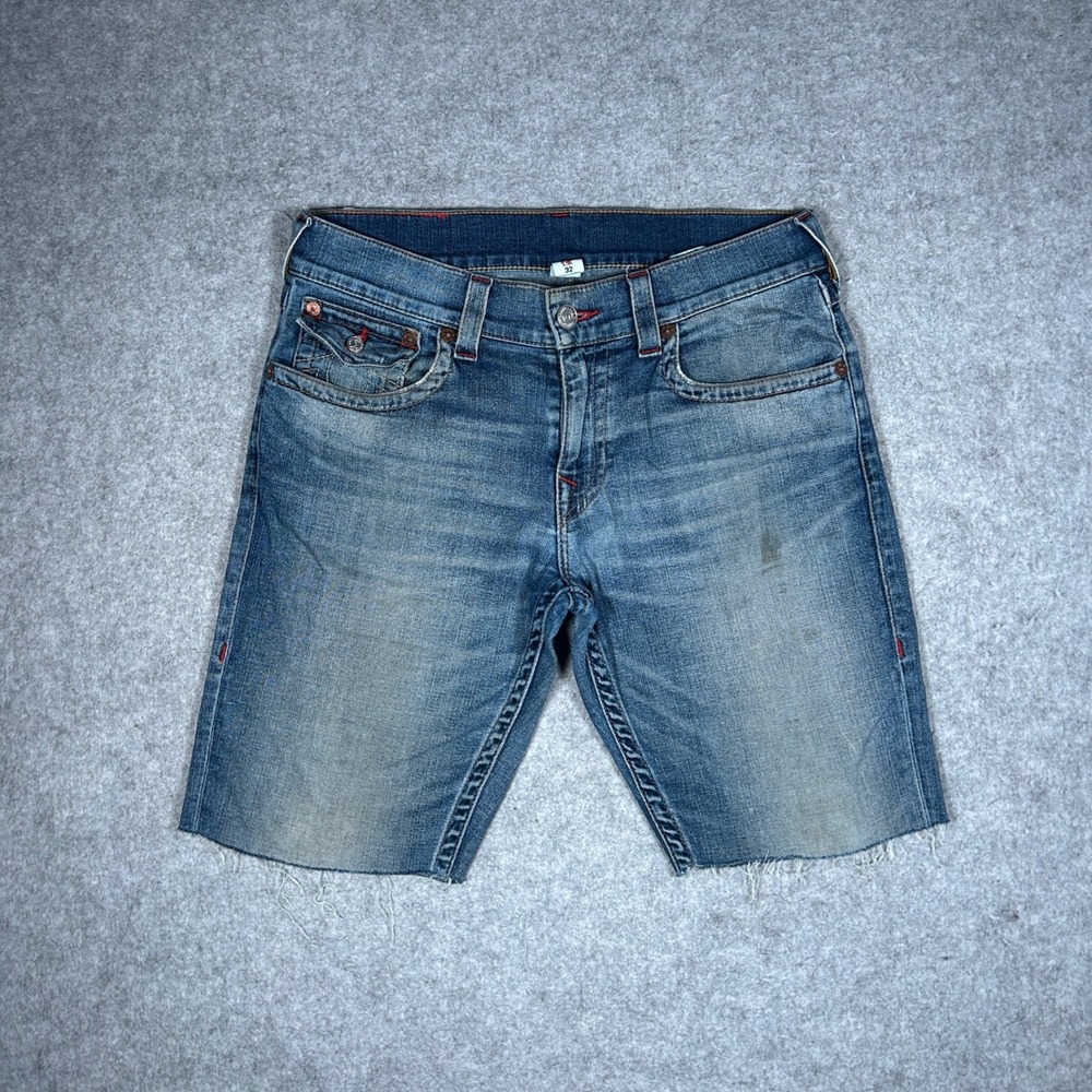 True Religion Denim Shorts Mens 32 Blue Skinny Flap Cut Off Y2K Streetwear